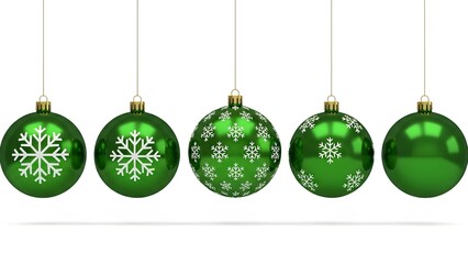 Row of five green Christmas baubles decorated with white snowflakes, isolated on a white background
