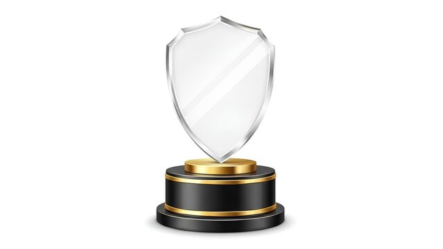 A clear shield-shaped trophy with a golden rim on a black base, symbolizing achievement and recognition