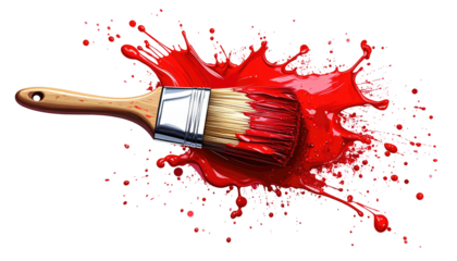 A paint brush amid a splash of vibrant red paint
