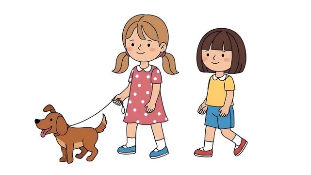 Cute Cartoon Girls Walking Dog Outdoors
