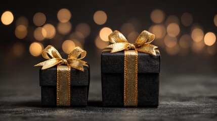 Two black gift boxes with golden ribbons are positioned close to each other. Soft lights create a warm setting. The focus is on the gifts.