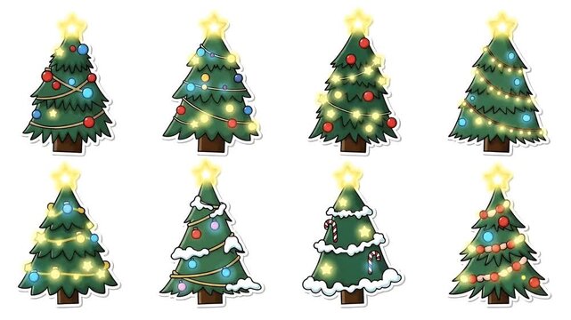 Collection Of Festive Christmas Trees Decorated With Colorful Lights And Ornaments