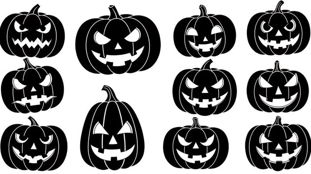 Collection Of Spooky Halloween Jack O Lantern Pumpkin Faces Black Silhouette Icon