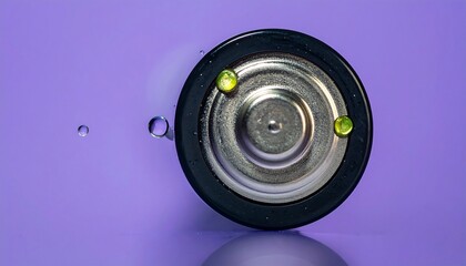 Close-up of a cylindrical, metallic power cell with a black rim, resting on a smooth, lavender background, droplets present