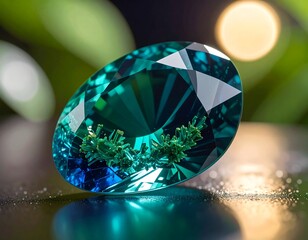 Close-up of a cut gem, showcasing facets, brilliant color transitions from deep teal to a light turquoise. A blurred green backdrop provides depth
