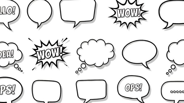 Collection Of Speech Bubbles With Various Words And Shapes In Black And White