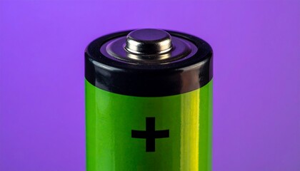 Close-up of a cylindrical, green object with a black top and a plus sign on the side. The object stands out against a purple backdrop