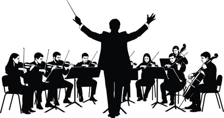 Orchestra conductor leading symphonic musicians silhouette, classical music performers with violins and cellos playing instruments on stage, professional  © MdMeherul