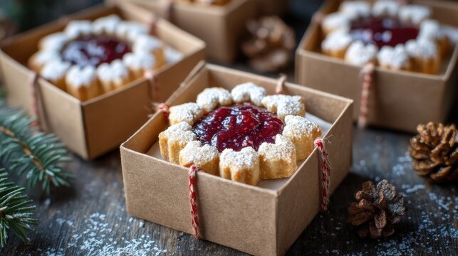 Several cookies in square boxes are displayed on a wooden surface. Each cookie has a red jam center and powdered sugar around it. Pine cones and pine branches are nearby. - Powered by Adobe