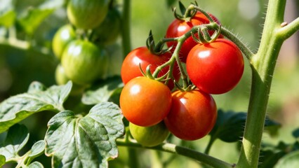 Cluster of Fresh Tomatoes Ripening on Plant in Sunlight