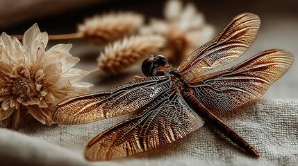 Close-up of a detailed, transparent-winged dragonfly resting on a surface.