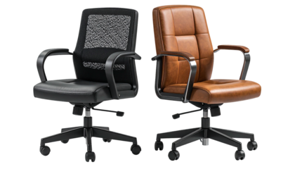 Two office chairs, one black mesh, one brown leather, side by side