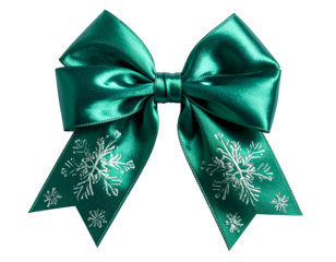 Teal satin bow, adorned with silver snowflake embroidery, against a black backdrop
