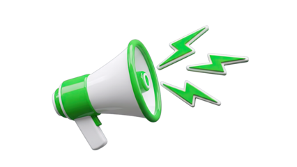 3D Megaphone with green lightning bolts on transparent background