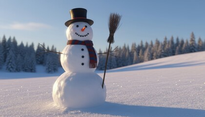 Obraz premium A cheerful snowman stands in a snowy landscape, adorned with a hat, scarf, and broom, surrounded by frosted pine trees under a clear blue sky.