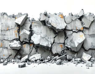 Close-up of a damaged, broken concrete wall with large grey fragments and orange accents. White background