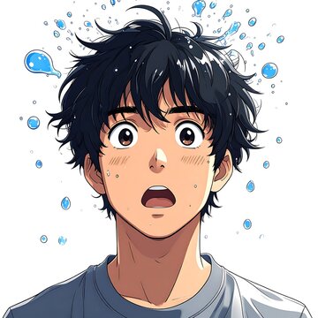 Anime-style portrait of a surprised young man with water droplets