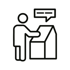 person putting object into cardboard box with speech bubble