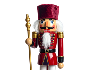Classic wooden soldier with red coat, white beard, and a gold staff, standing tall