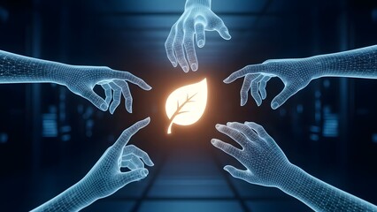 Futuristic digital hands made of glowing lines and dots gently holding a radiant circular form with a luminous leaf at the center expressing harmony between nature and technology
