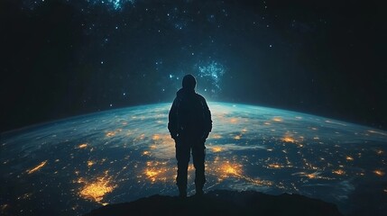 cosmic scene featuring the galaxy, space, and Earth against a dark background. This illustration showcases adventure, astrology, and exploration within the vastness of the universe, Generative AI