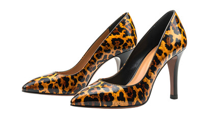Pair of glossy, pointed-toe high heels in a leopard print pattern, isolated on black