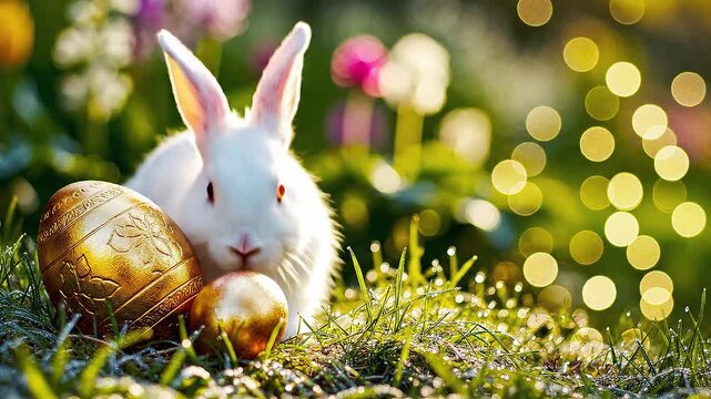 A golden Easter egg and cute Easter bunny. Happy easter day.