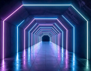 Neon-lit corridor with geometric shapes, modern and futuristic