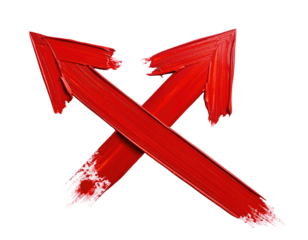 Two overlapping red arrow shapes painted in a rough, textured style