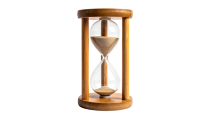 Wooden hourglass with sand flowing through a clear, bulbous glass