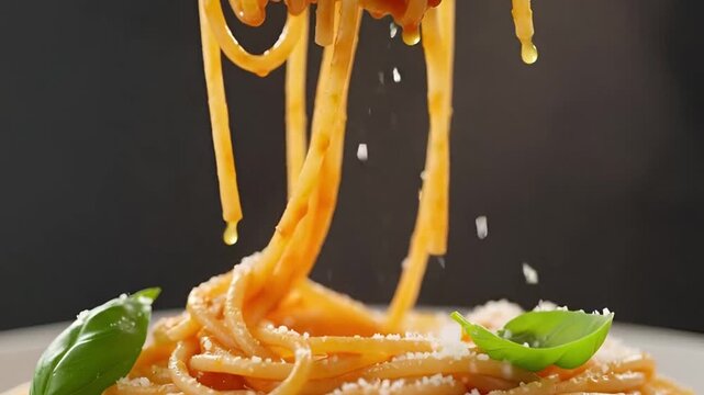 Close-up of spaghetti with sauce and garnish with cheese and basil leaves, delicious italian pasta.