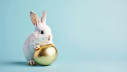 A golden Easter egg and cute Easter bunny. Happy easter day.