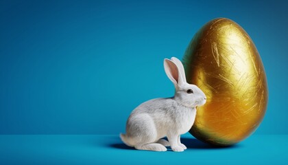 A golden Easter egg and cute Easter bunny. Happy easter day.
