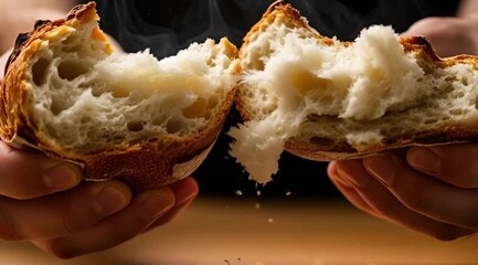 Freshly baked, crusty bread being torn apart, revealing a soft, fluffy interior. The bread exudes a tempting aroma, perfect for breakfast or a snack