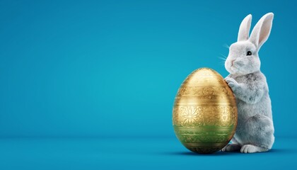 A golden Easter egg and cute Easter bunny. Happy easter day.