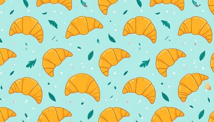 Animated pastry pattern featuring croissants and foliage on a teal background