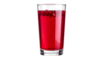 Glass of vibrant, ruby-red liquid with floating seeds, set against a black backdrop