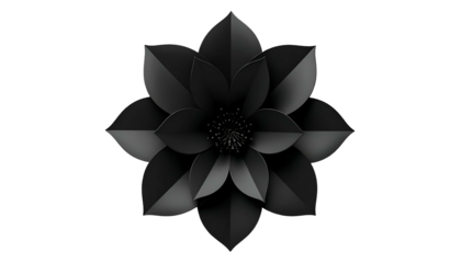 A symmetrical, stylized, black flower with layered petals, centered on a black background