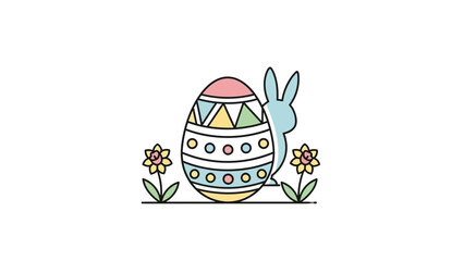 Fototapeta premium Cute Easter bunny behind a decorated egg, surrounded by flowers, celebrating spring and rebirth with a whimsical design, perfect for holiday greetings and springtime festivities