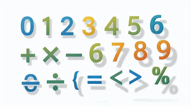 Colorful Numbers And Math Symbols Isolated White Background Soft Shadows