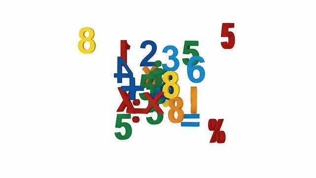 Colorful Numbers and Math Symbols Scattered on White Background Motion Graphic