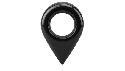 Glossy, black pin icon with a circular opening, set against a dark, empty background