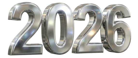 Silver Chrome 2026 Number Mirror Reflection 3D Transparent PNG