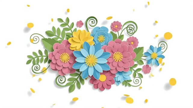 Colorful Paper Flowers Arrangement Bloom With Green Leaves And Yellow Dots
