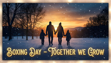 Silhouette of happy family walking hand in hand at sunset on a snowy boxing day, winter landscape