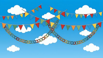 Colorful Party Bunting and Paper Chains Dance Under Blue Sky - Powered by Adobe