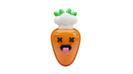 3D Chef Carrot with Cross Eyes and Tongue Out on transparent background