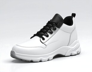 A sleek, modern white and black sneaker with a chunky sole, set against a gradient background
