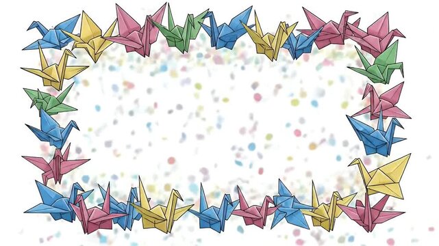 Colorful Origami Cranes Border with Falling Confetti on White Background