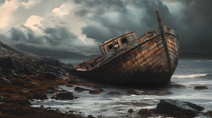 A weathered wooden shipwreck lies beached on a rocky shore, surrounded by crashing waves and a stormy sky.